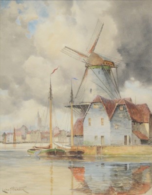 Lot 249 - Louis van Staaten, a Dutch riverside scene, Victorian Scholl fishing boats.