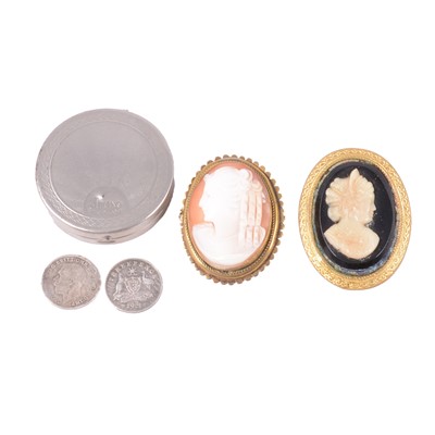 Lot 442 - A carved shell cameo brooch, a cameo style costume jewellery brooch, compact, and coins.