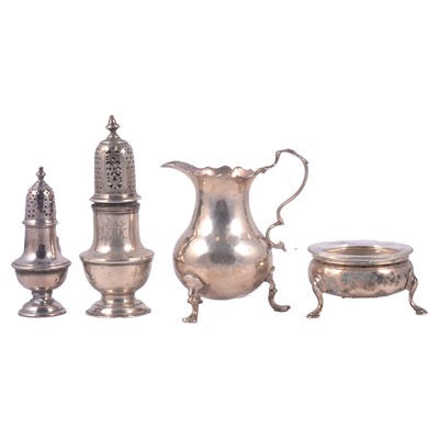 Lot 35 - George III silver jug, two pepperettes and a salt