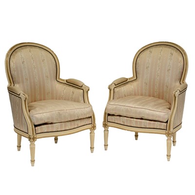 Lot 358 - Pair of French style white and gilt painted armchairs