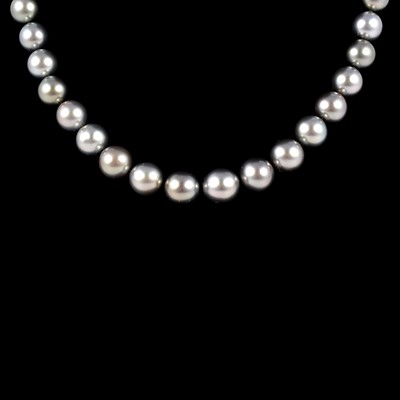 Lot 371 - A cultured grey pearl necklace with diamond clasp.