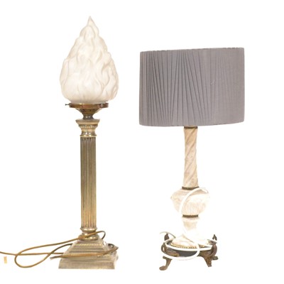 Lot 316 - Silver-plated column table lamp, and another onyx column table lamp