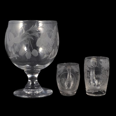 Lot 22 - Large Victorian engraved goblet/ pedestal bowl, and two engraved glass cups