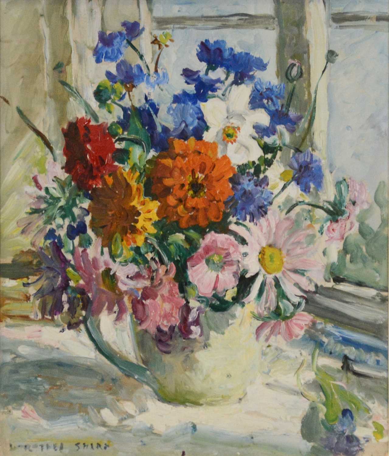 Lot 231 - Dorothea Sharp, Still life with summer flowers in a jug, another painting on the back of figures on a countryside path