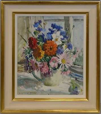 Lot 231 - Dorothea Sharp, Still life with summer flowers in a jug, another painting on the back of figures on a countryside path