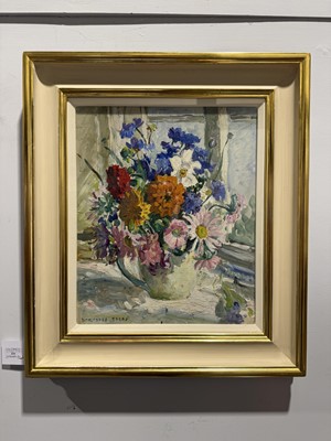 Lot 231 - Dorothea Sharp, Still life with summer flowers in a jug, another painting on the back of figures on a countryside path