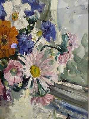 Lot 231 - Dorothea Sharp, Still life with summer flowers in a jug, another painting on the back of figures on a countryside path