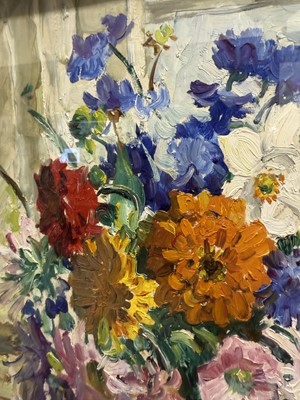 Lot 231 - Dorothea Sharp, Still life with summer flowers in a jug, another painting on the back of figures on a countryside path