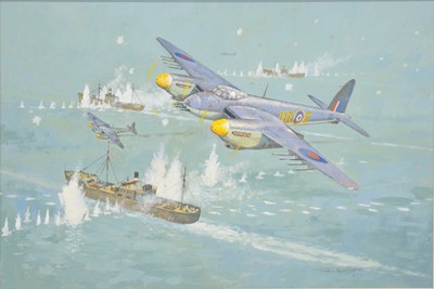 Lot 350 - John Wynne Hopkins, Shipping Strike, oil and two signed aviation prints