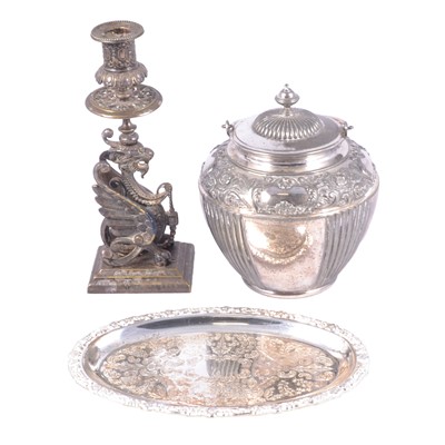 Lot 82 - Victorian cast metal griffin candlestick, biscuit barrel and a tray