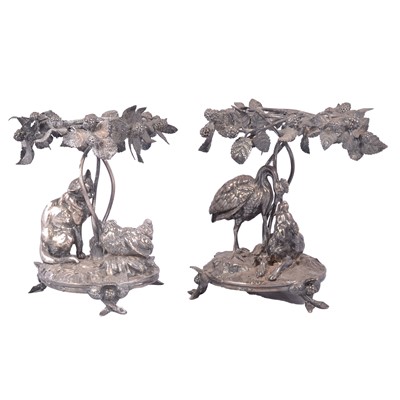 Lot 24 - Pair of Elkington & Co. electrotype stands, modelled with Aesop's Fables