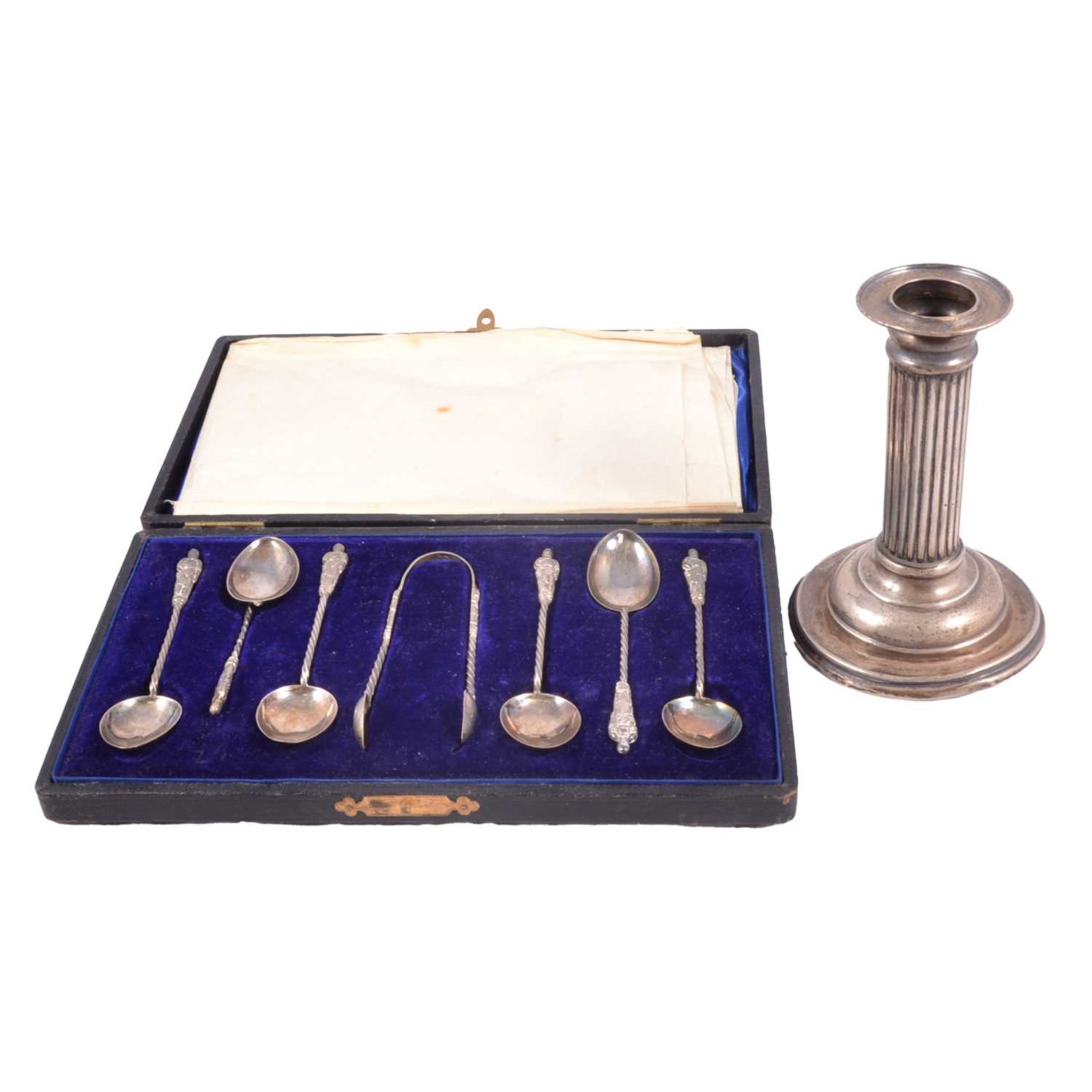 Lot 333 - Set of six silver Apostle spoons and tongs, and a silver candlestick