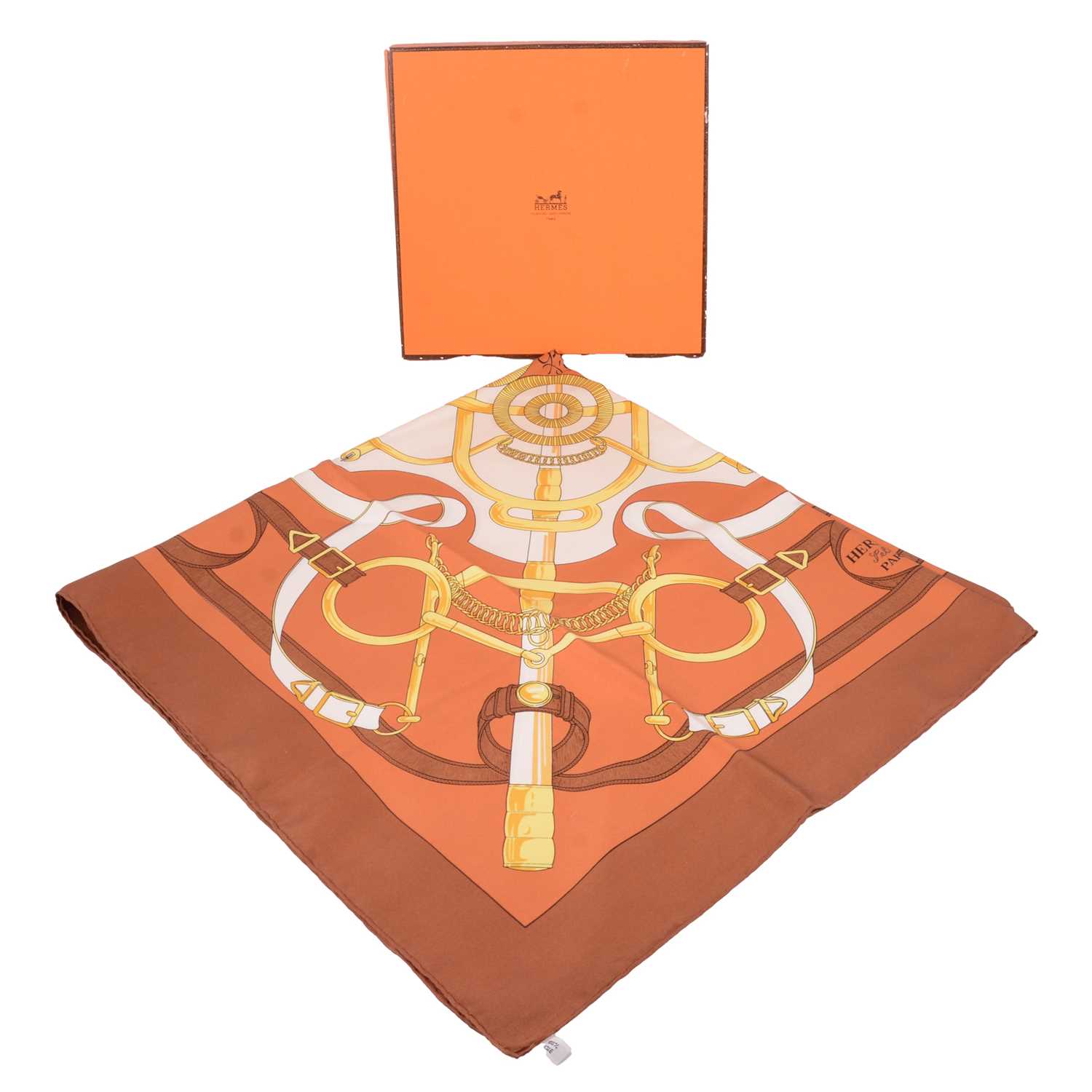 Lot 444 - Henri d'Origny for Hermes - an Eperon (Forever) silk scarf, boxed