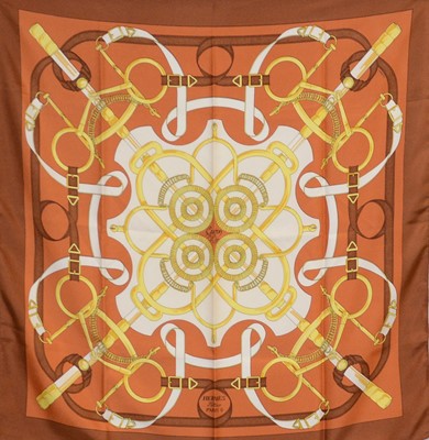 Lot 444 - Henri d'Origny for Hermes - an Eperon (Forever) silk scarf, boxed