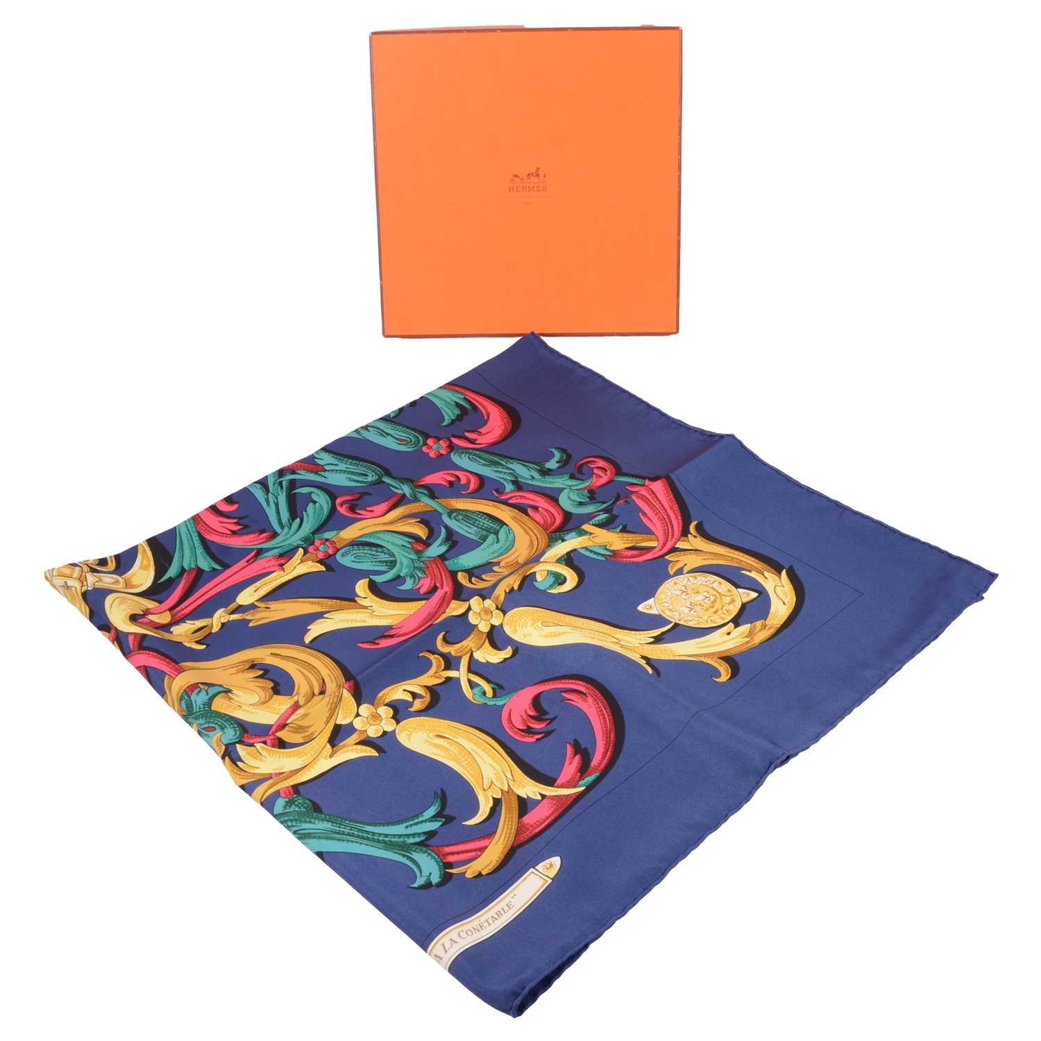 Lot 445 - Henri d'Origny for Hermes - Le Mors "A La Conetable" silk scarf, boxed