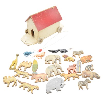 Lot 226 - Wooden ark toy, on wheels, with a selection of wooden, lead and other animals