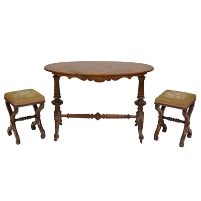 Lot 391 - Victorian walnut oval stretcher table, and a pair of Victorian mahogany X frame stools