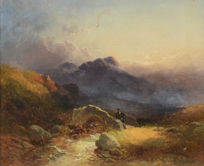 Lot 354 - Scottish School, Landscape with man by a stone bridge