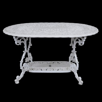 Lot 502 - Cast metal white painted patio table and chairs