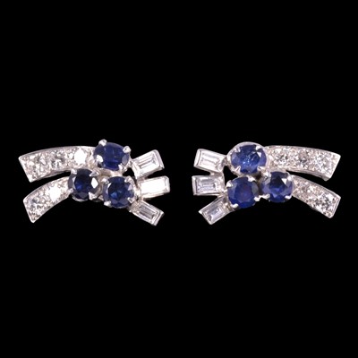 Lot 256 - A pair of sapphire and diamond earrings.