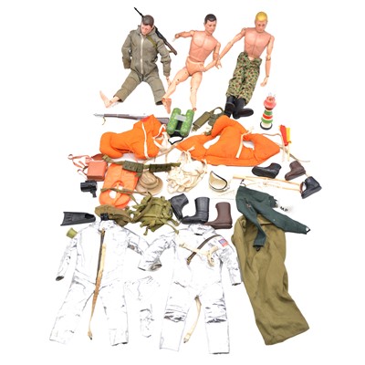 Lot 239 - Three Palitoy action men, some damage, with a selection of clothing and accessories