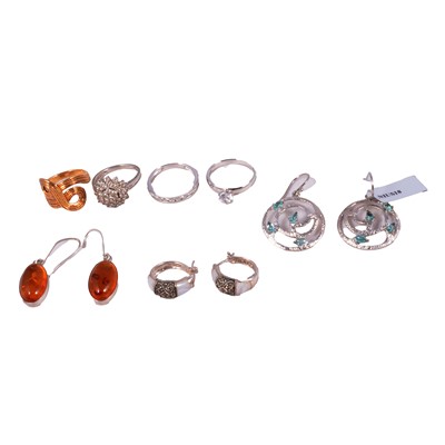 Lot 440 - A collection of mostly white metal rings and earrings, some gemset.