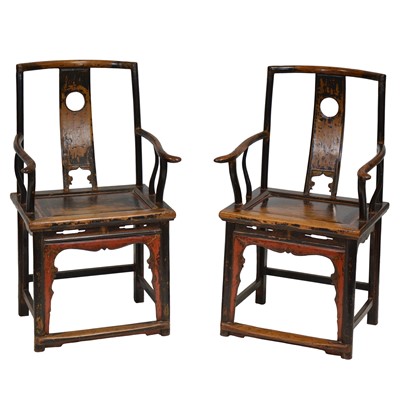 Lot 407 - Pair of Chinese elm and mixed wood Ming style elbow chairs