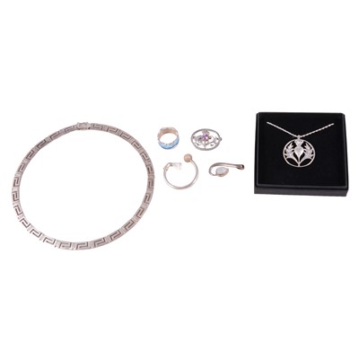 Lot 432 - Tiffany & Co scarf ring, Sheila Fleet ring, silver pendants and necklet.