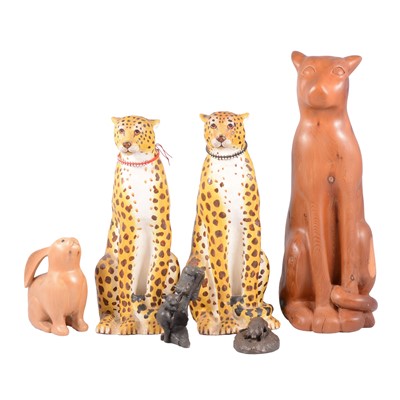 Lot 191 - Modern carved wooden cat, a wooden hare figure, and pair of seated Leopards