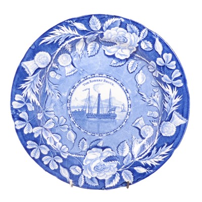 Lot 20 - Caledonia pottery blue and white plate printed with The Robert Bruce steamer