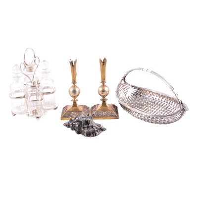 Lot 305 - WMF style silver plated basket, shell salt, plated cruet and a pair of epergne stands.