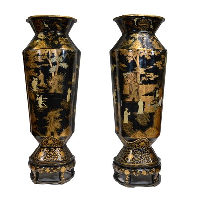 Lot 327 - Pair of enormous Japanese black lacquered floor vases, on stands