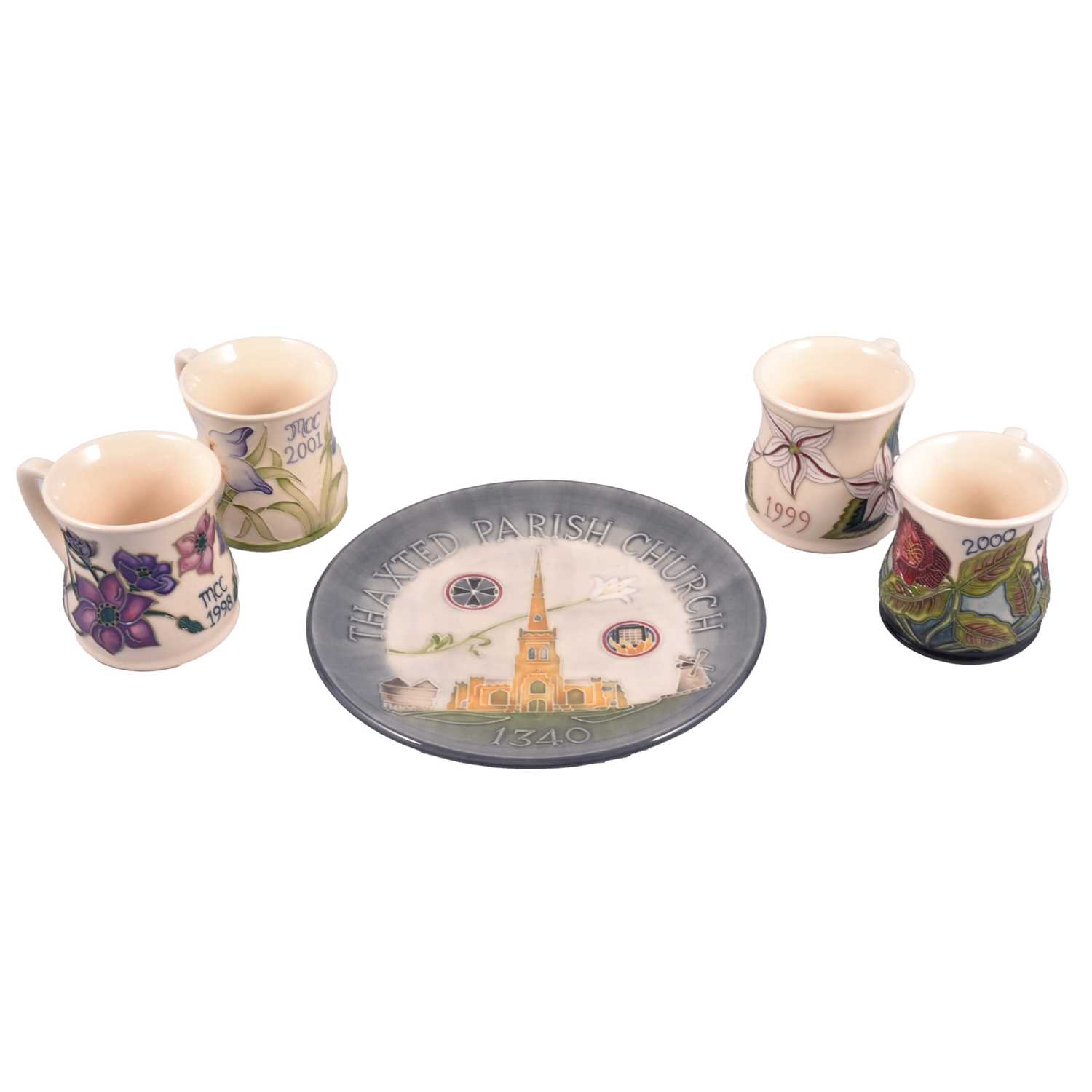Lot 27 - Moorcroft Pottery, four Collectors Club year mugs, and a Thaxted plate