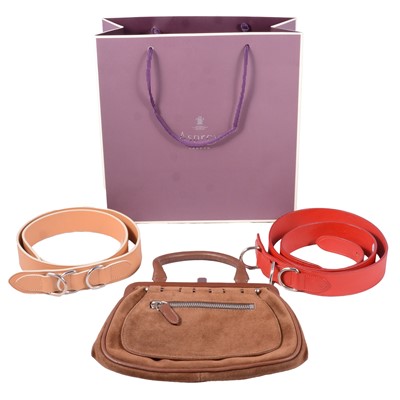 Lot 173 - Asprey Gardening Bag Cocoa, two Asprey Stud and D ring belts in a purple Asprey carrier bag.