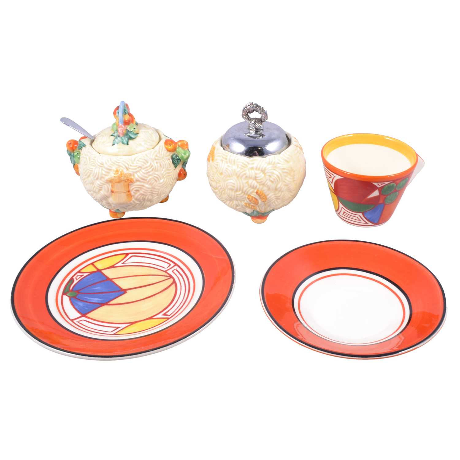 Lot 17 - Clarice Cliff Newport Pottery Celtic Harvest preserve pot and sugar bowl, and other ceramics.