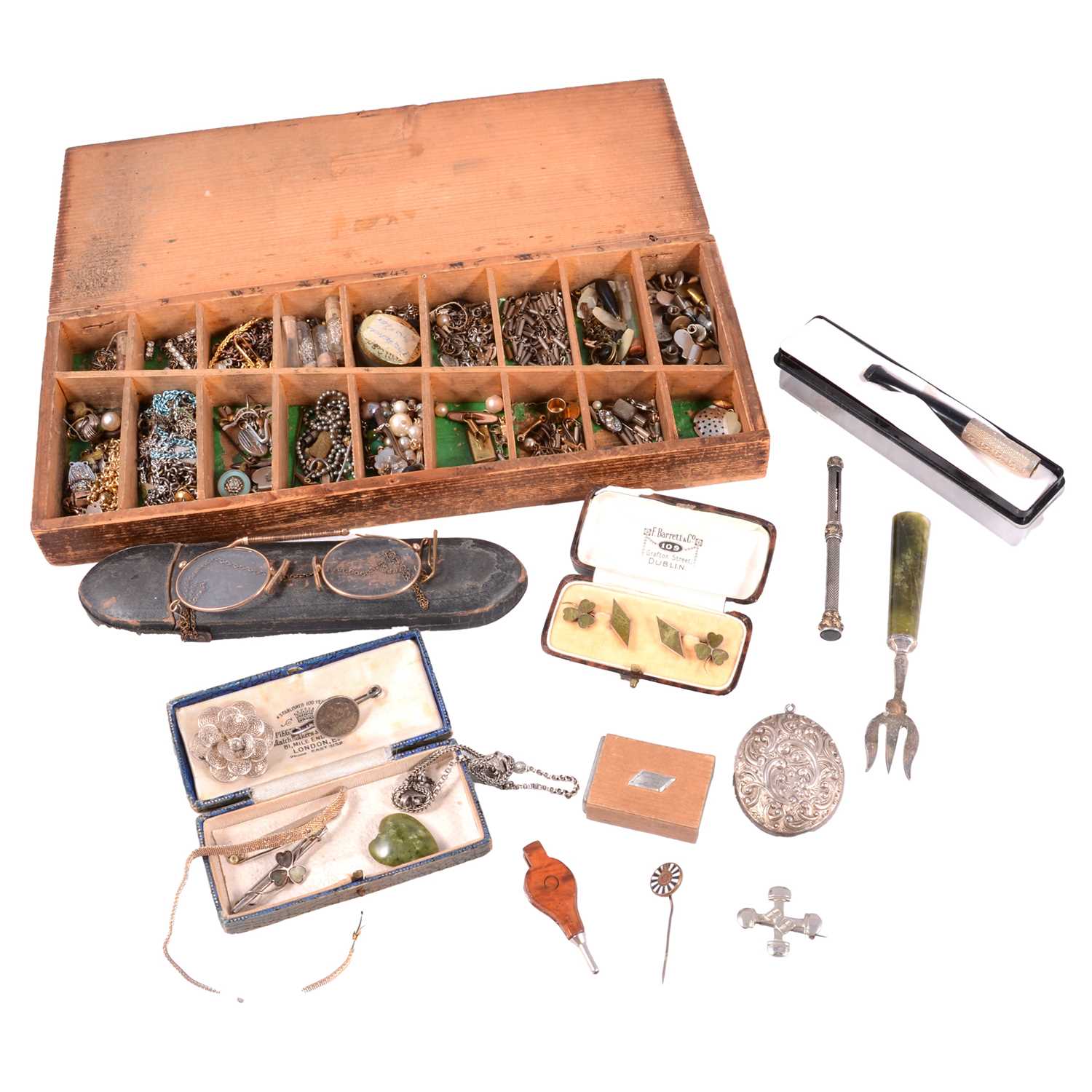 Lot 360 - A box of jeweller's findings, Irish marble jewellery, spectacles, collectables.