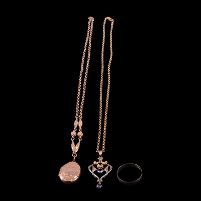 Lot 343 - A 9 carat back and front locket on belcher chain, another pendant and a 9 carat gold wedding band