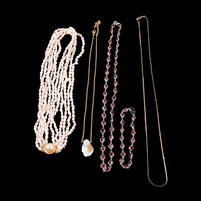 Lot 391 - Garnet necklaces, freshwater pearl necklace, shell pendant, other chains.