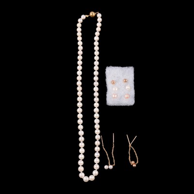 Lot 383 - A cultured pearl necklace, and four pairs of stud earrings for pierced ears.