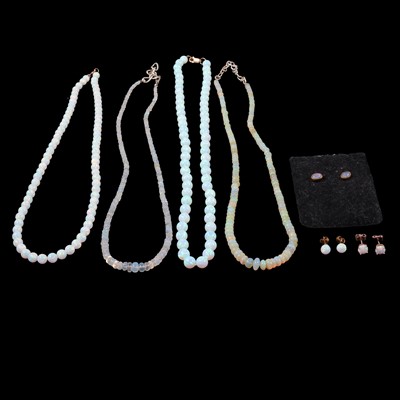 Lot 399 - Natural and simulated opal bead necklaces, and earrings for pierced ears.