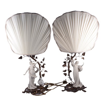 Lot 101 - Pair of gilt metal and bisque porcelain figural table lamps