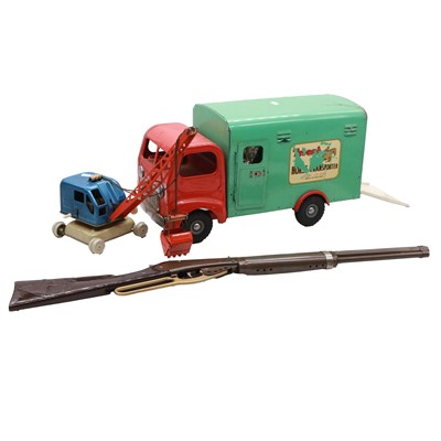 Lot 297 - Box of assorted vintage toys, including Triang Horse Transporter