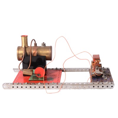 Lot 4 - Mamod steam engine, mounted on Meccano base plate with generator