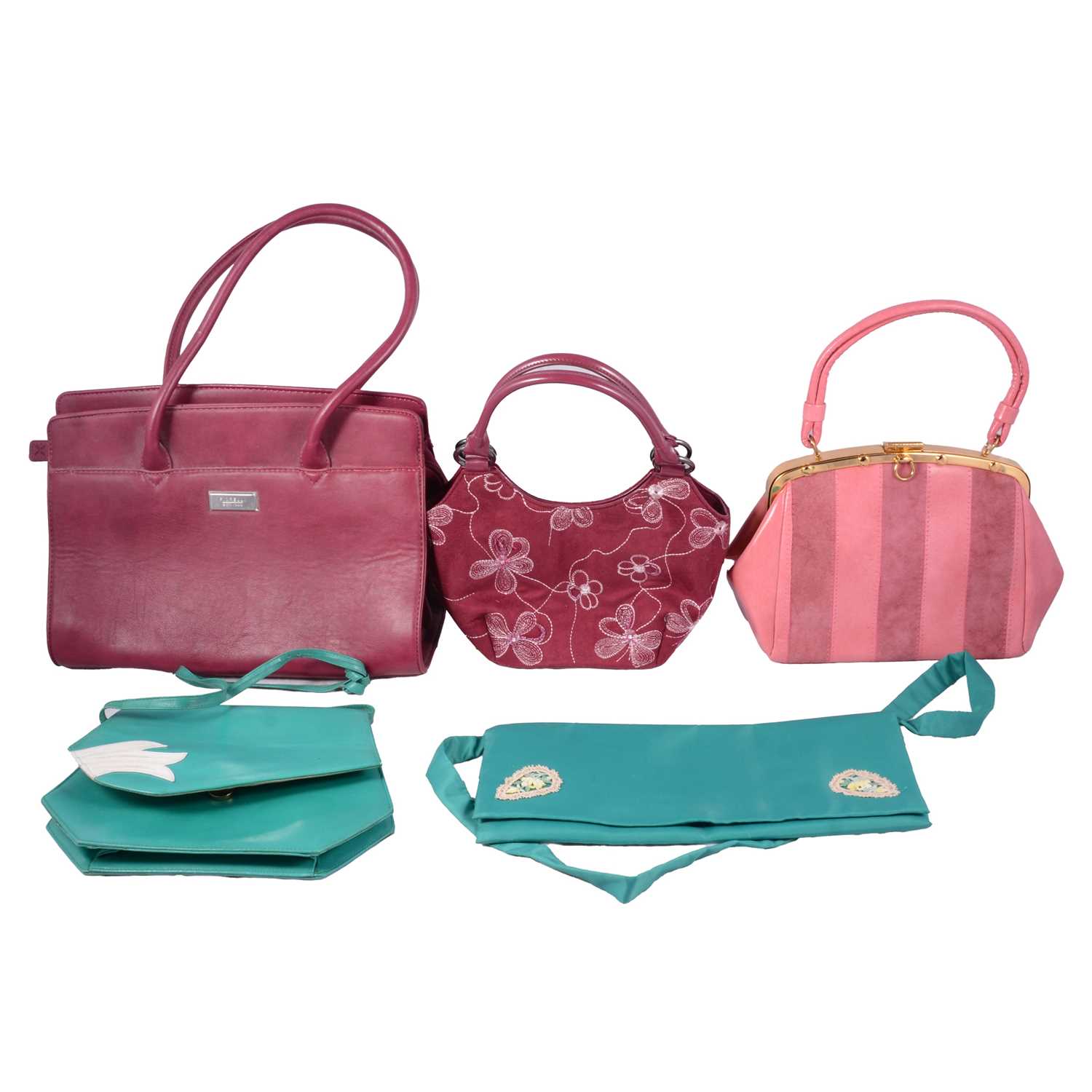 Lot 191 - Ten cerise, turquoise, multi coloured vintage handbags.