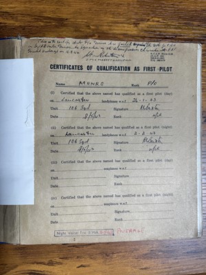 Lot 9 - Royal Canadian Airforce Pilot's Flying Log Book for Pilot Office John Arthur Campbell Munro