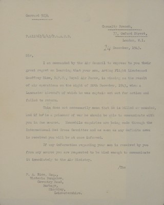 Lot 24 - Dambusters / 617 Squadron interest; Geoffrey Rice casualty letter and photograph with RAF cloth wings