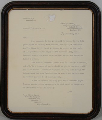 Lot 24 - Dambusters / 617 Squadron interest; Geoffrey Rice casualty letter and photograph with RAF cloth wings