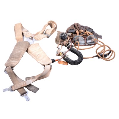 Lot 37 - WWII leather flying cap and respirator, and part harness