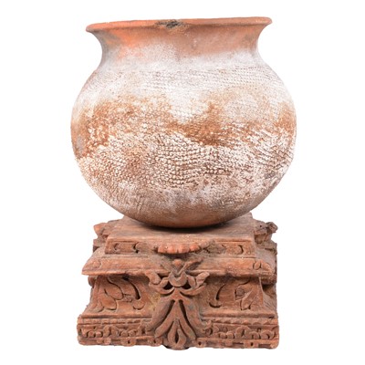 Lot 135 - Modern terracotta vase on Indian style carved wood stand