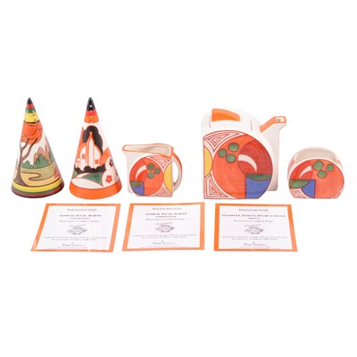 Lot 68 - Wedgwood Clarice Cliff 'Sliced Fruit' three pieces teaset, and two sugar sifters